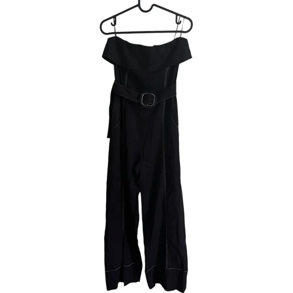 ZARA Black Linen Strapless Jumpsuit – Belted, Straight Leg, EU Linen Size Small